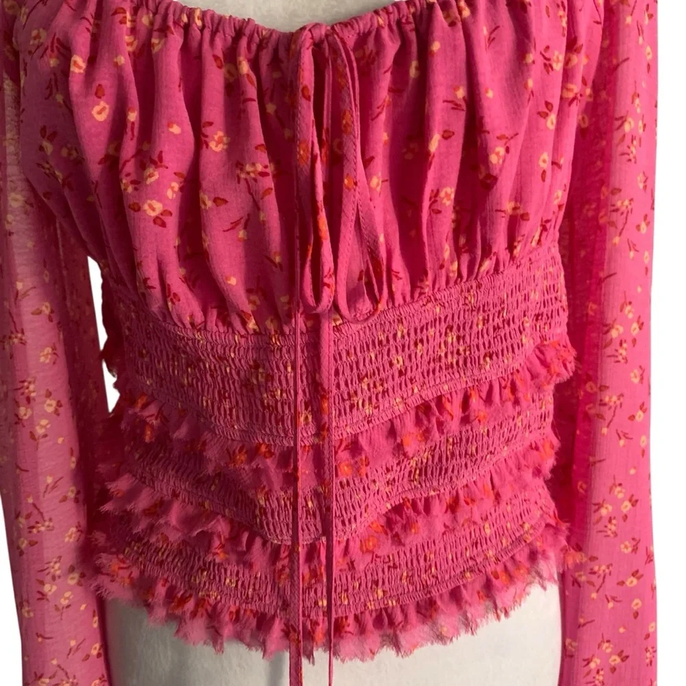 Free People Small Pink Floral Long Sleeve Milkmaid Festival Boho Blouse Top
